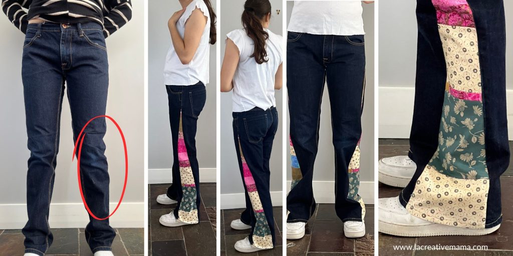a photo of before and after  of adding panels of patchwork fabric to the side seams of jeans to make bell bottom jeans. great jeans upcycle idea. 