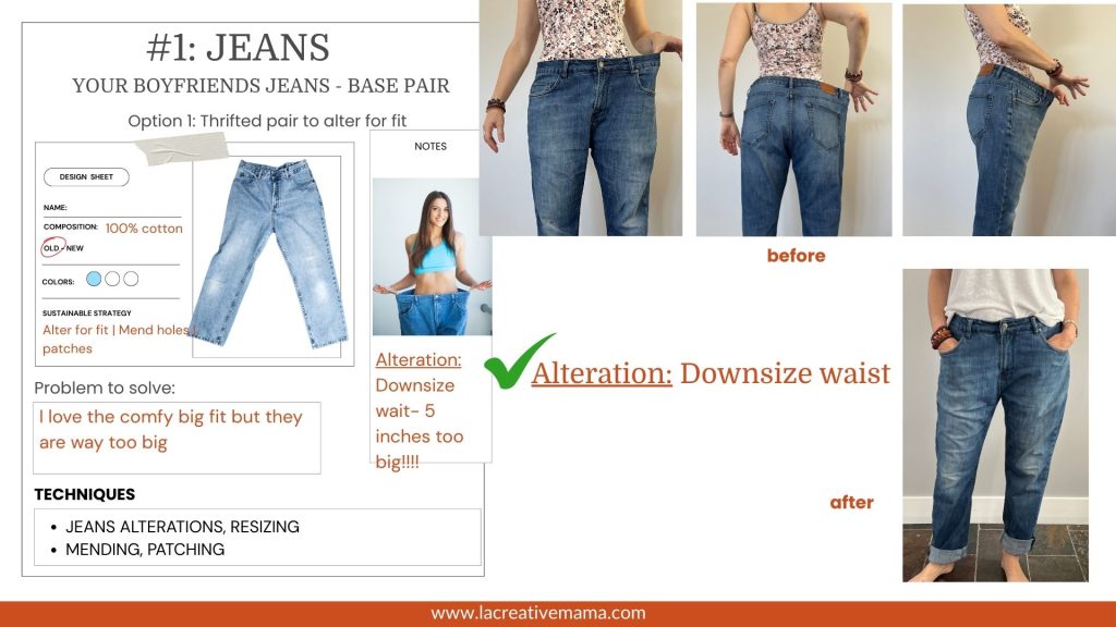 an illustration of the before and after of how to make the waist smaller using elasticated buttonhole tape