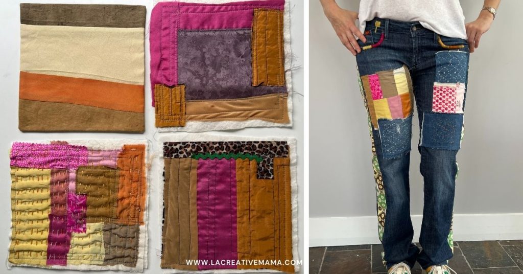 naturally dyed patches as well as wool yarn embroidery as a way to mend jeans 