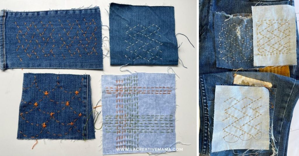 a variety of embroidered patches using sashiko inspired stitches 