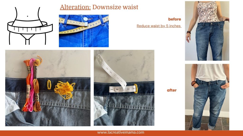 an illustration of how to make the waist smaller using elasticated buttonhole tape
