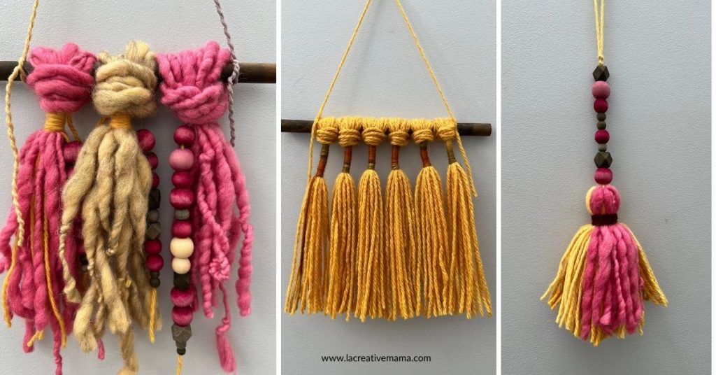 wall hanging and tassels created with naturally dyed wool using cochineal dye and onion skins dye. 