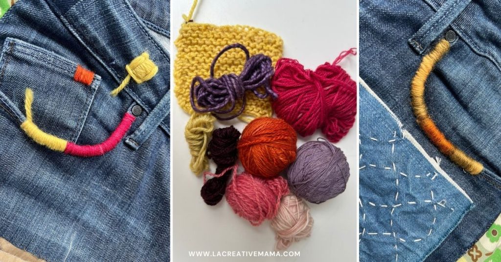 Visible mending on jeans pocket openings using naturally dyed wool embroidery. Satin stitch repairs the frayed denim edges while adding colorful, handmade detail.
