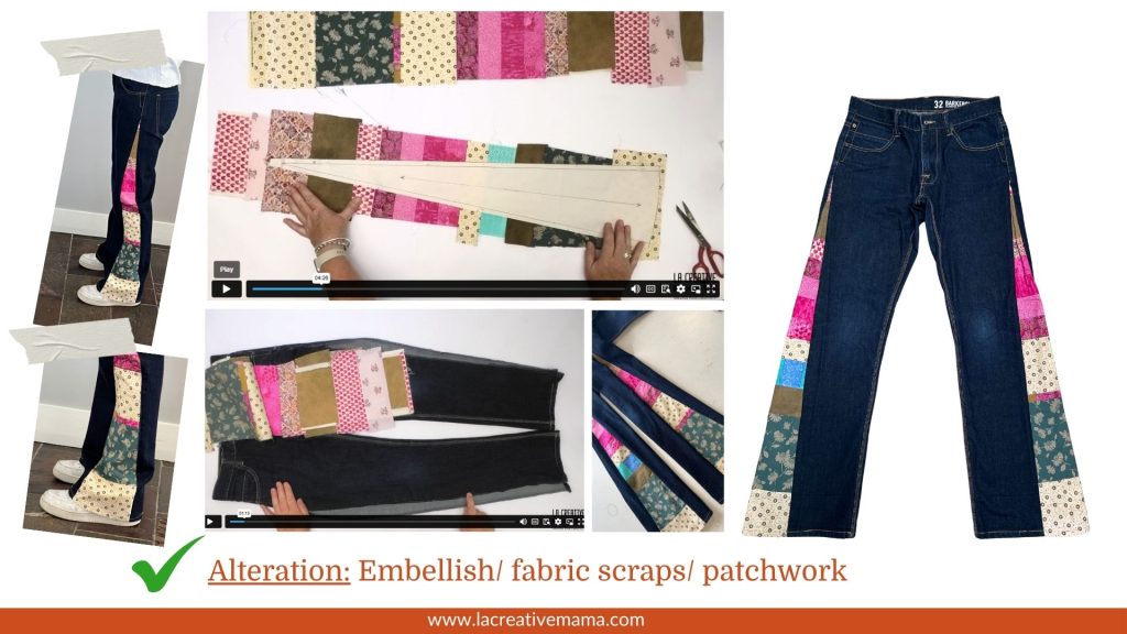 a photo illustrating how to add panels of patchwork fabric to the side seams of jeans to make bell bottom jeans. great jeans upcycle idea. 