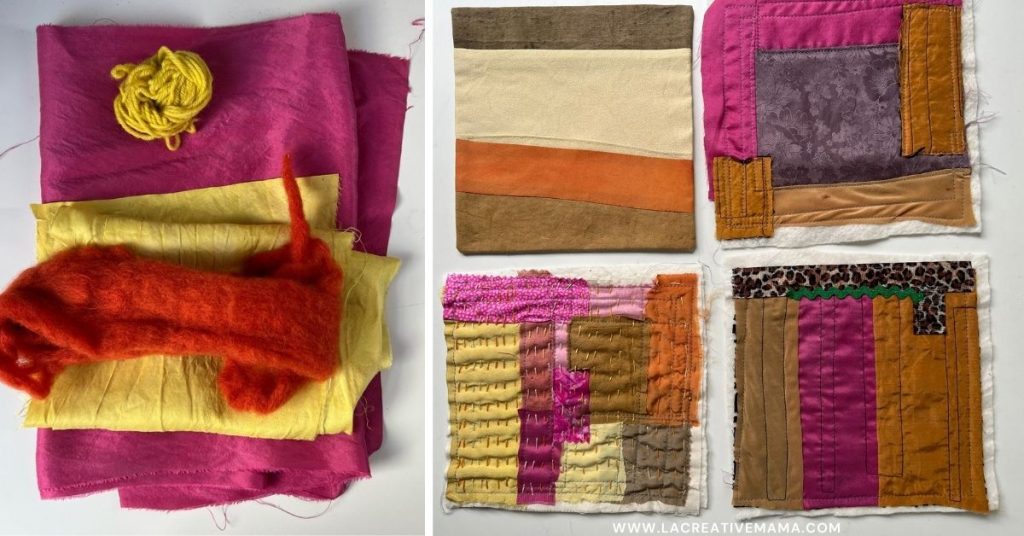 Visible mending on jeans using naturally dyed fabric patches. A sustainable way to repair denim. the photo shows silks, cottons and wools dyed with madder root, onion skins, cochineal and eucalyptus
