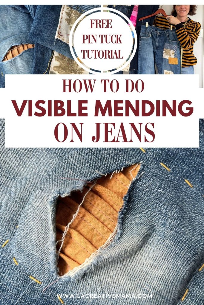 DIY visible mending on denim jeans featuring fabric manipulation patches. Textured details like tucks, pleats, and ruching turn a repair into a bold design element