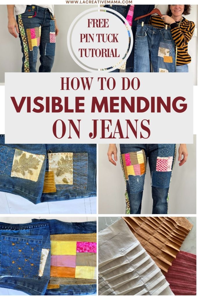 DIY visible mending on denim jeans featuring fabric manipulation patches. Textured details like tucks, pleats, free pin tuck tutorial