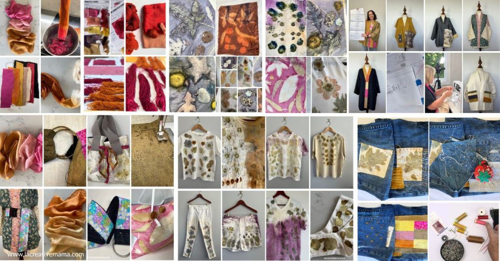 A large collage of creative textile projects including eco-printed shirts, jeans with botanical patches, colorful dyed fabrics, yarns, and handmade garments. The collection highlights natural dyeing and eco printing results on different fabrics.