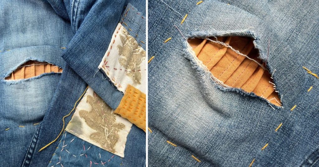 Creative jeans repair with visible mending using eco printed fabric patches. Botanical leaf and flower prints on fabric make unique, one-of-a-kind denim embellishments