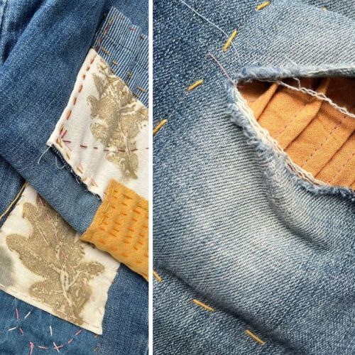 DIY visible mending on denim jeans featuring fabric manipulation patches. Textured details like tucks, pleats, and ruching turn a repair into a bold design element
