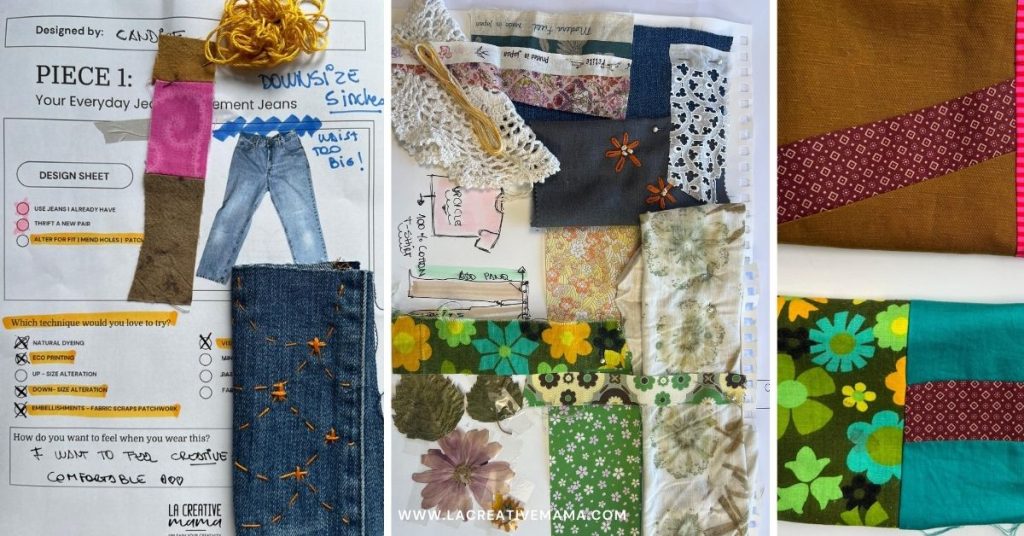 creating mending patches with a variety od embroidery, fabric scraps and creative ideas board