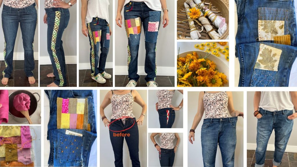 how to make jeans bigger in the waist and in the thighs , this photo shows different techniques to achieve this