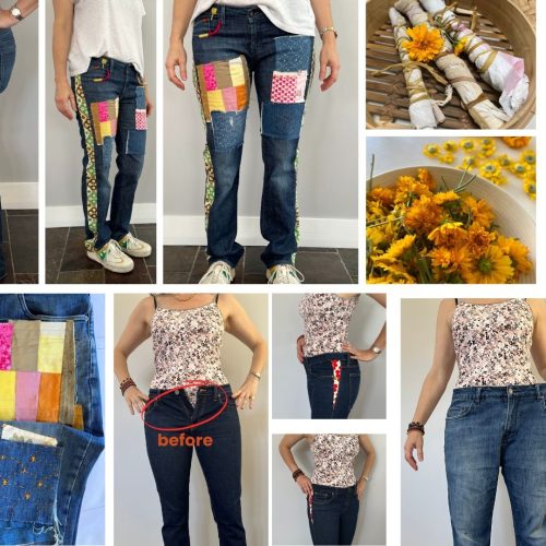 how to make jeans bigger in the waist and in the thighs , this photo shows different techniques to achieve this