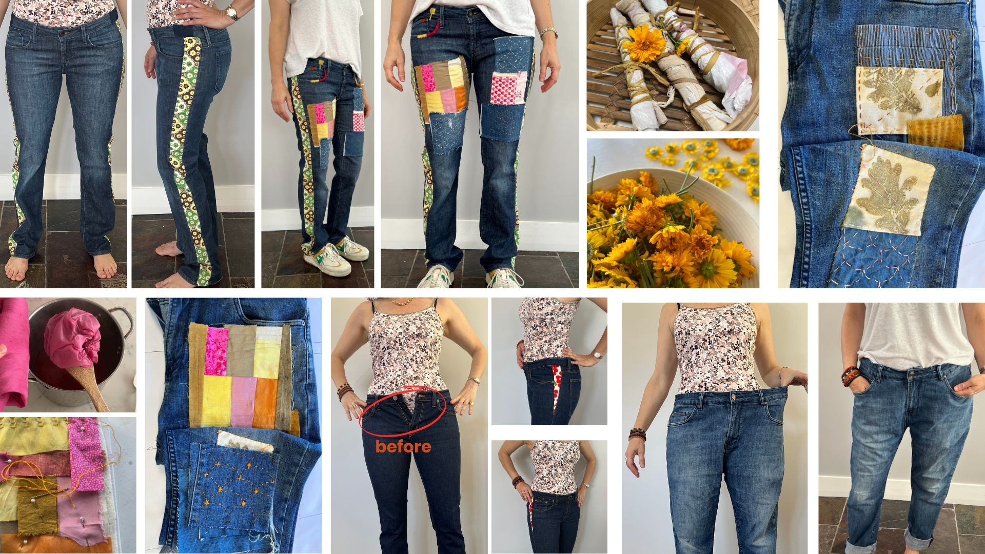 how to make jeans bigger in the waist and in the thighs , this photo shows different techniques to achieve this