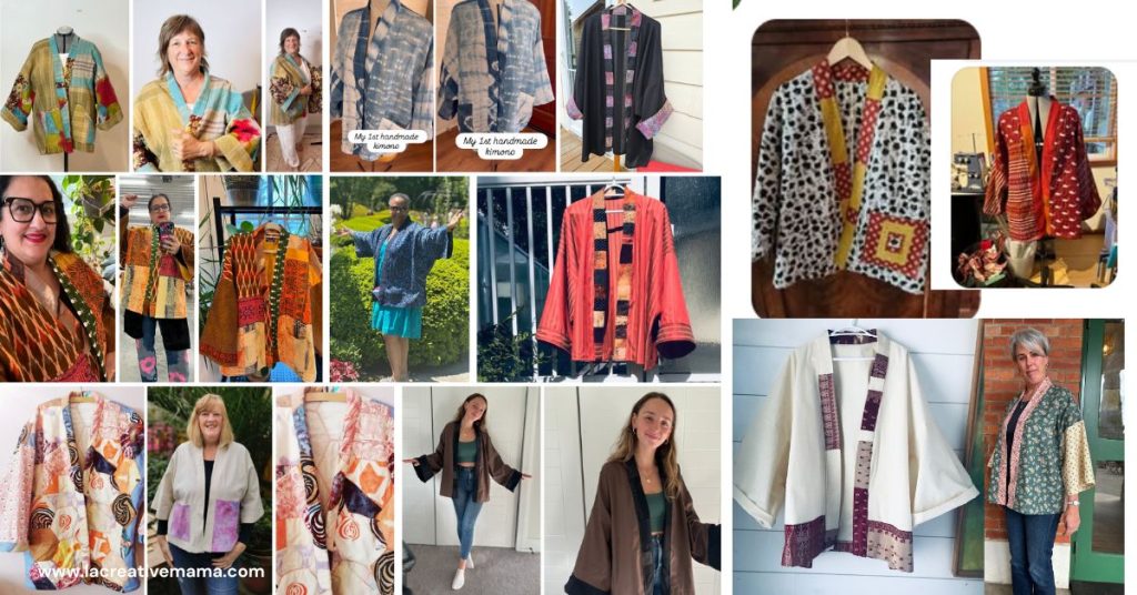 a collage image of different variations of the la creative mama minimal waste sewing pattern kimono inspired top made from the students who have taken the course and purchased the pattern. 