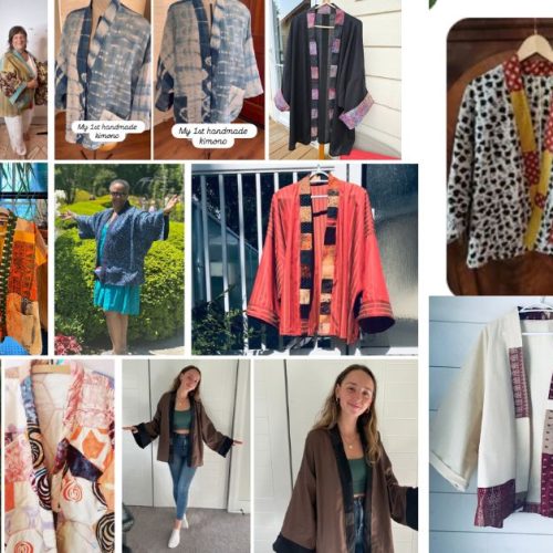 a collage image of different variations of the la creative mama minimal waste sewing pattern kimono inspired top made from the students who have taken the course and purchased the pattern.
