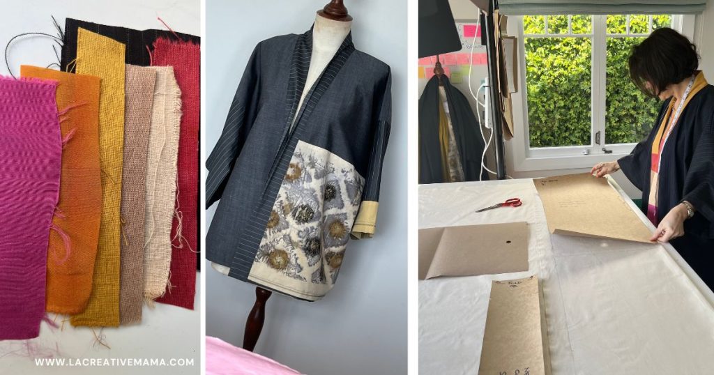 Studio workbench scene showing patchwork strips pinned along the kimono front edge, with measuring tape and sewing pins