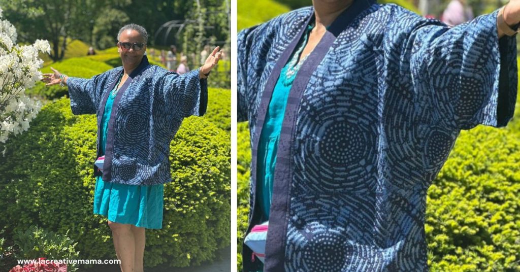 a student wearing a batik fabric kimono top