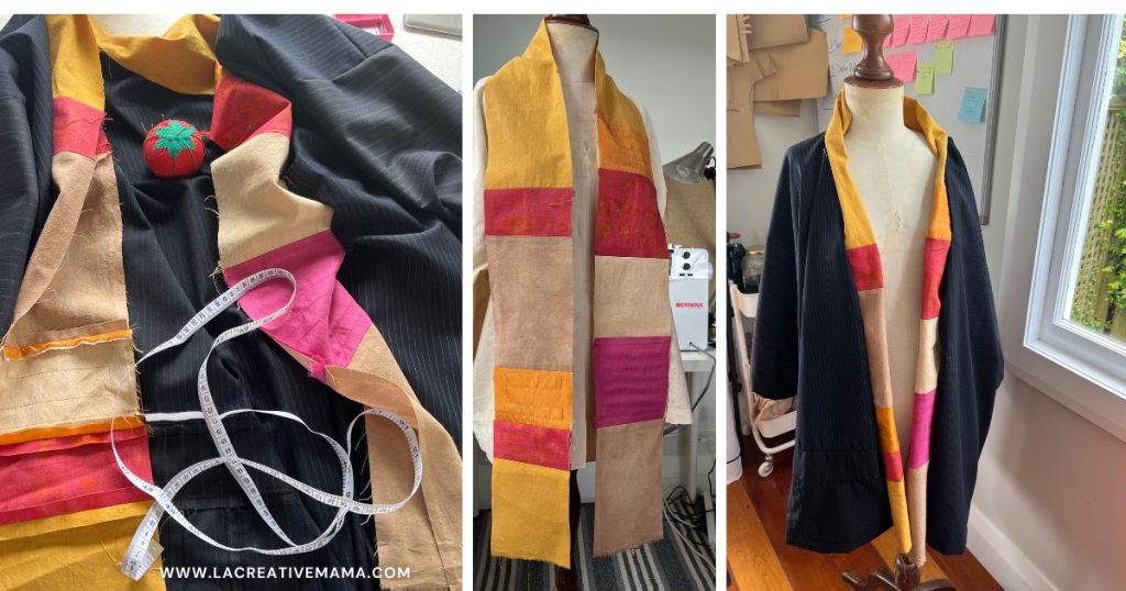 Pattern pieces placed on dyed golden and pink patchwork fabric, ready for cutting and assembly. this is the neck band of the kimono jacket 