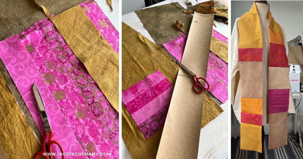 Colorful fabric swatches and a tailored kimono jacket on a dress form, alongside paper pattern pieces laid out for cutting. this is using jelly roll quilting fabrics. 