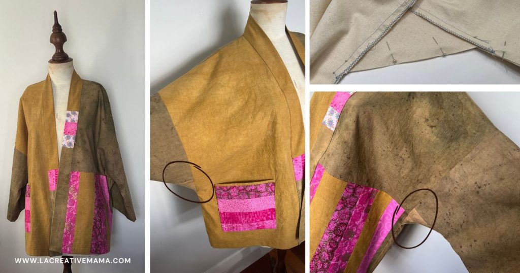 Close-up of the sleeve gusset construction and edge stitching on a mustard-and-pink patchwork kimono jacket.