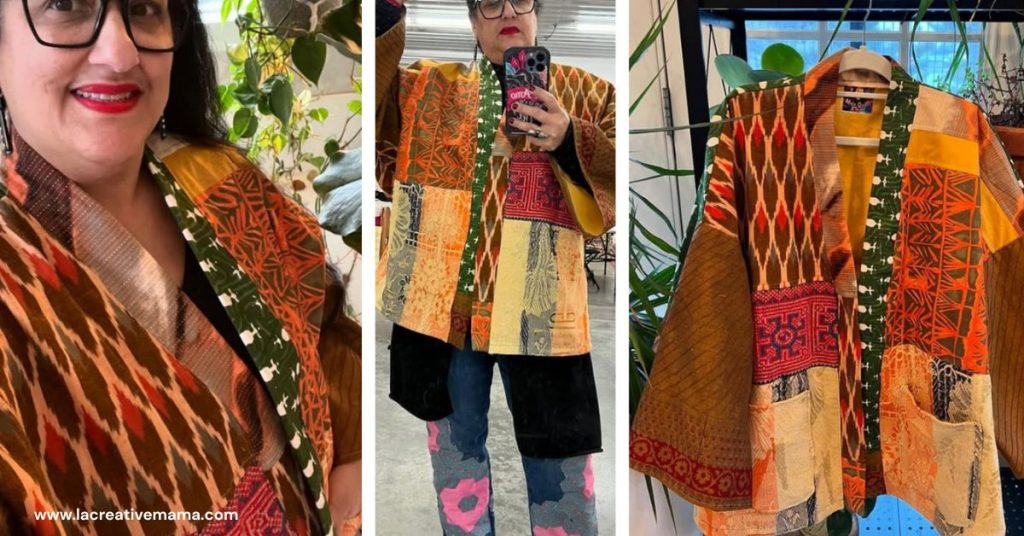 Student wearing a richly patterned patchwork kimono jacket in shades of orange, green, and red, shown from front and side.