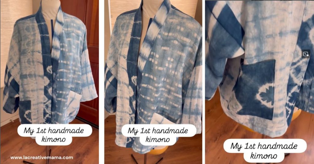 Eco-printed kimono jacket in pale indigo with white resist patterns, shown front and detail of the pocket patch