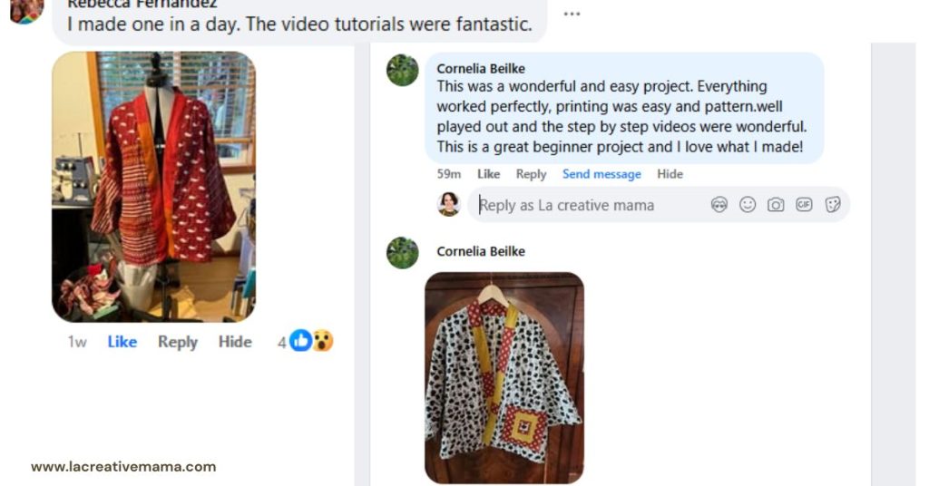 Screenshot of a student’s Facebook comment praising the video tutorial, next to a kimono jacket they made in patchwork fabric.