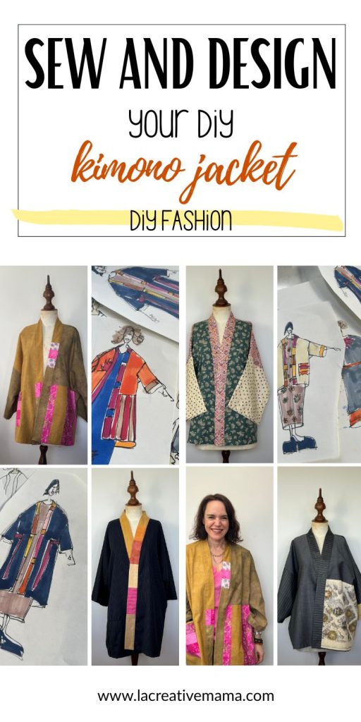 Woman in a vibrant print kimono jacket with “Easy Kimono Jacket DIY Tutorial” headline—perfect visual for “DIY clothes patterns” or “Diy Kimono Pattern.