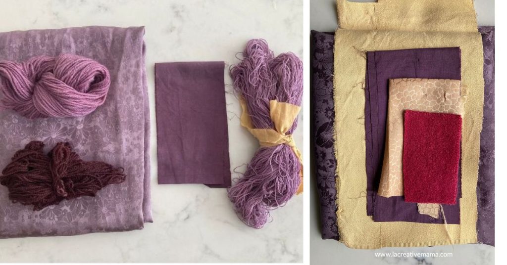 Purple-dyed yarns and fabrics displayed on a light background, showing variations in tone and texture. Dyed with logwood dye. 