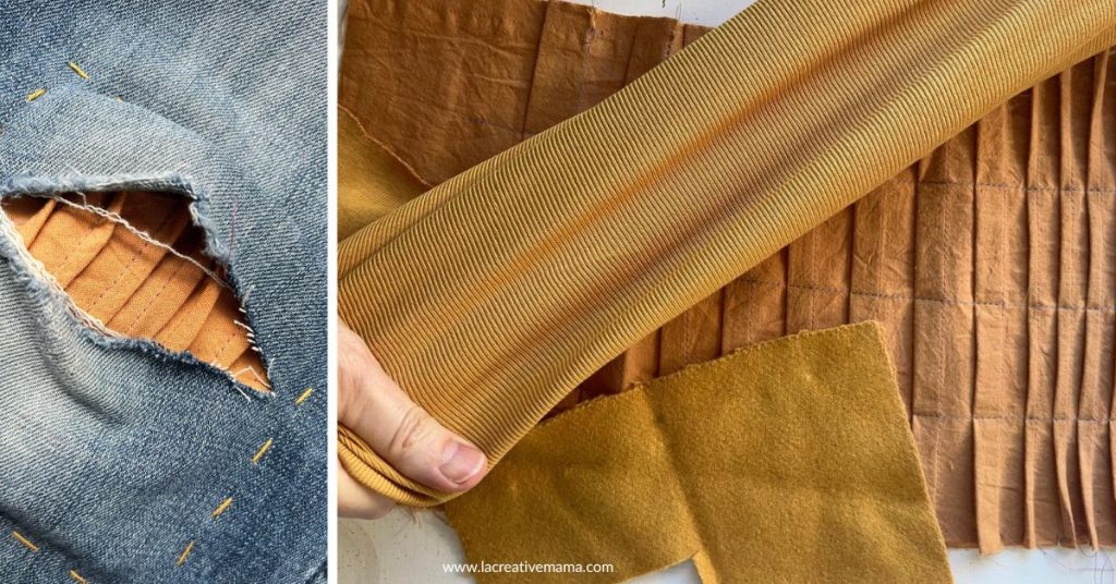different fabrics, jersey cotton, woven cotton and wool fabric which were all dyed with onion skins. 