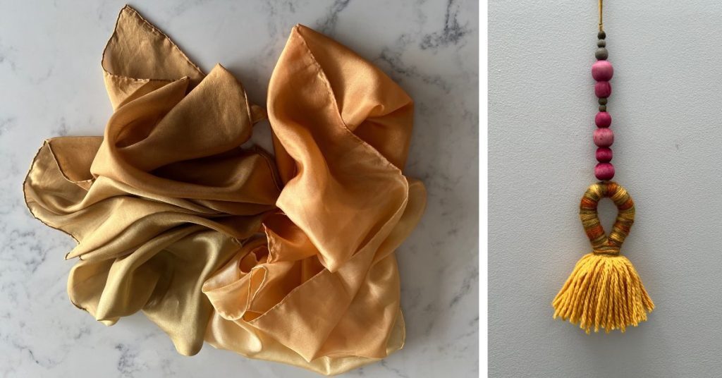 The photo below shows an onion skin ombre dyed silk scarf and a wool tassel which was made out of wool which was dyed with onion skins in a variegated effect. 