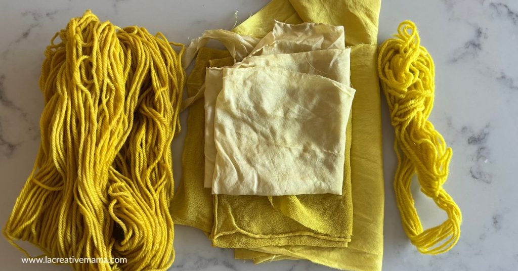 Bright yellow from goldenrod flowers on different qualities of silk fabric and wool yarn.