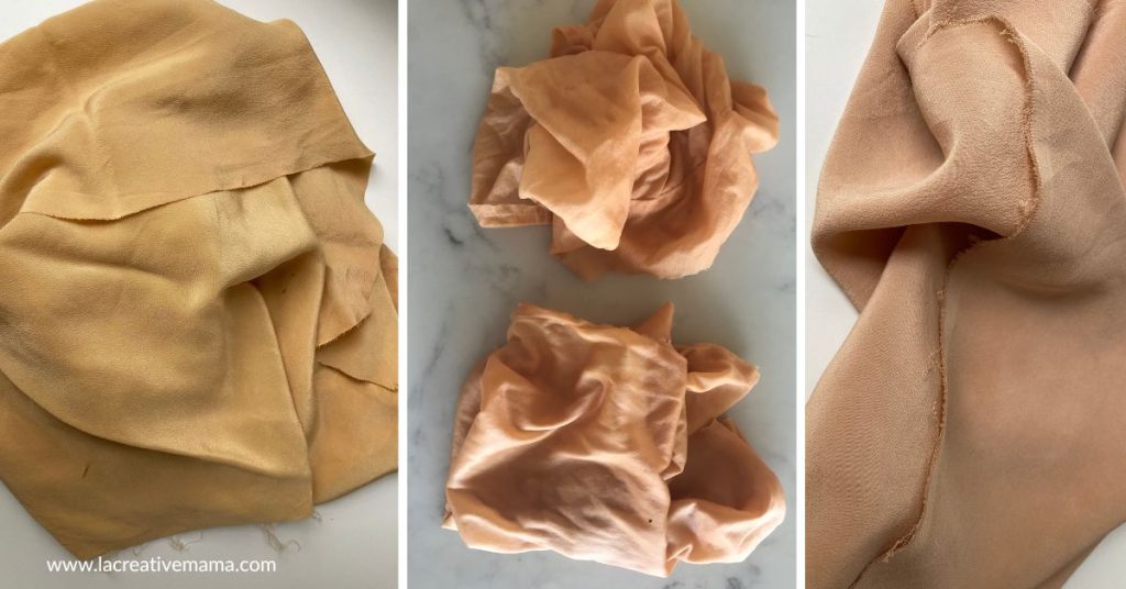 different colors from dyeing fabrics using avocado skins and avocado pits. The color is blush, pink and soft yellow. 