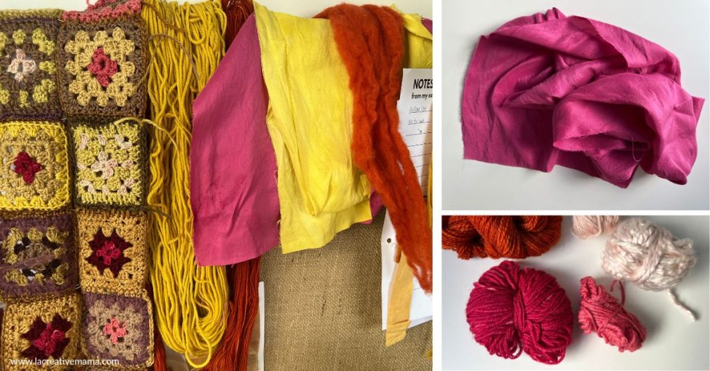 Assorted fabric swatches and yarns in pink dyed using cochineal dye , red using madder root, yellow using goldenrod, and purple tones attached to swatch cards for comparison.