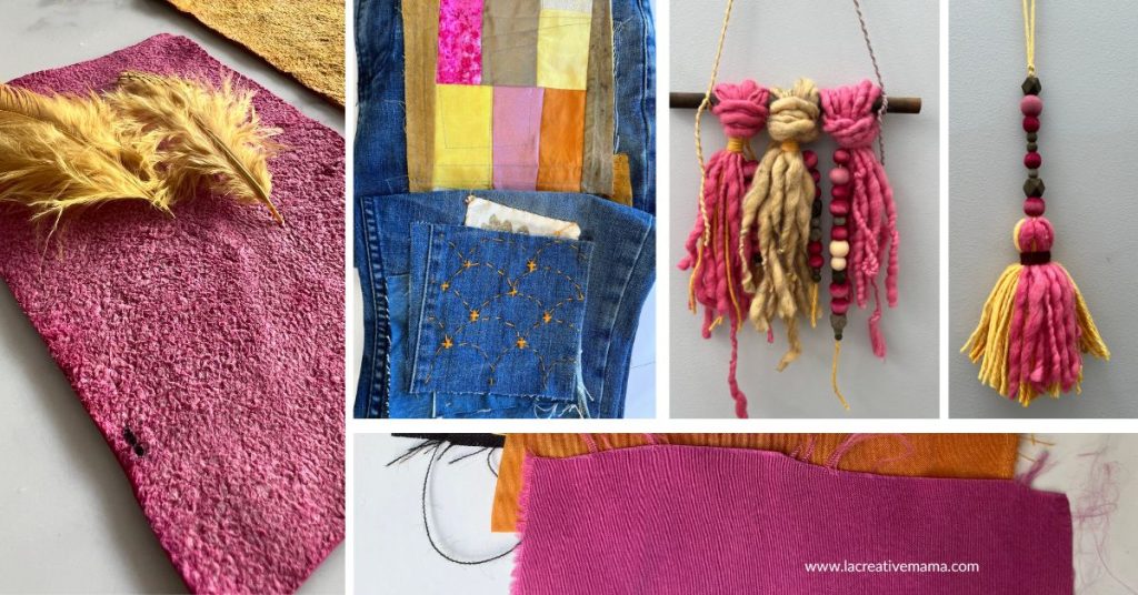 Assorted handmade textile projects including dyed feathers, patchwork denim, and colorful yarn tassels.