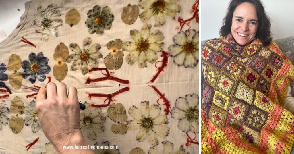 Close-up of eco-printed fabric decorated with pressed flower and leaf patterns, and a woman wrapped in a crochet blanket of colorful squares.