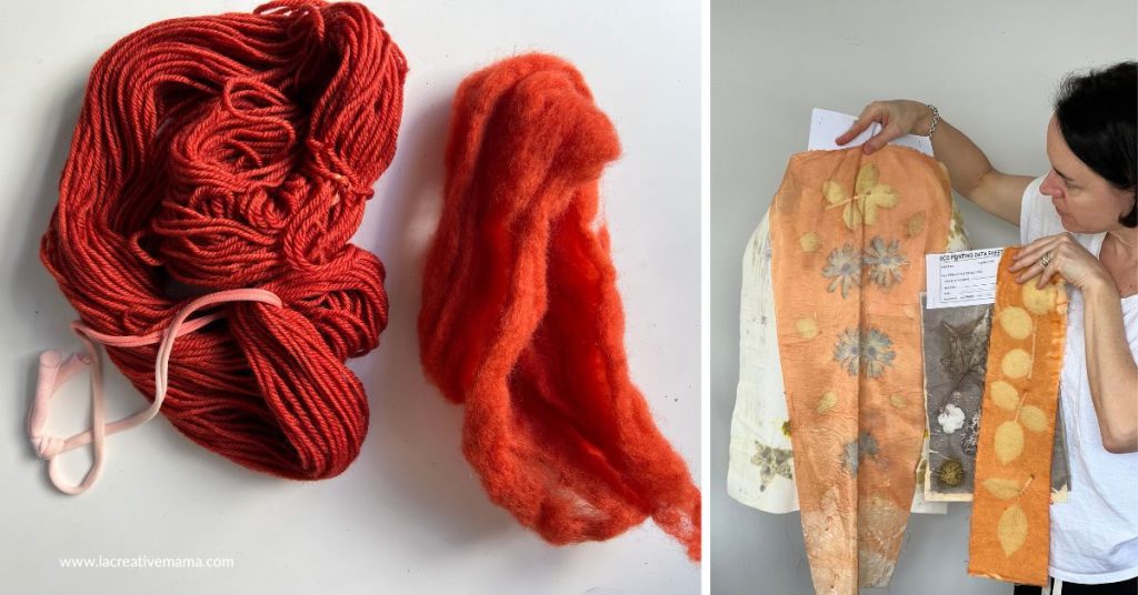 madder root dyed wool yarn and wool roving as well as color blankets using eco printing techniques 