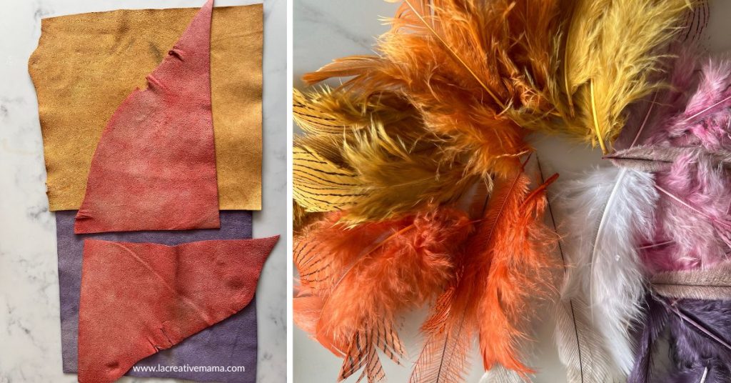 naturally dyed leather using madder root, logwood and onion skin dyes. Also feathers which have been dyed using natural dyes. 