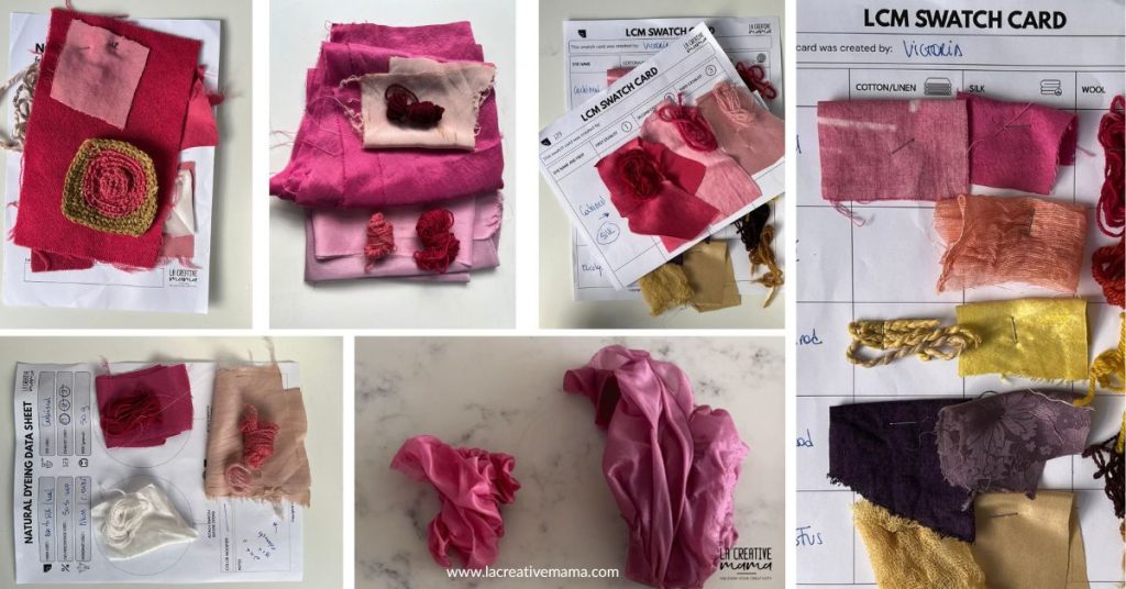 naturally dyed swatches of fabrics in pinks and purples using cochineal dye. 