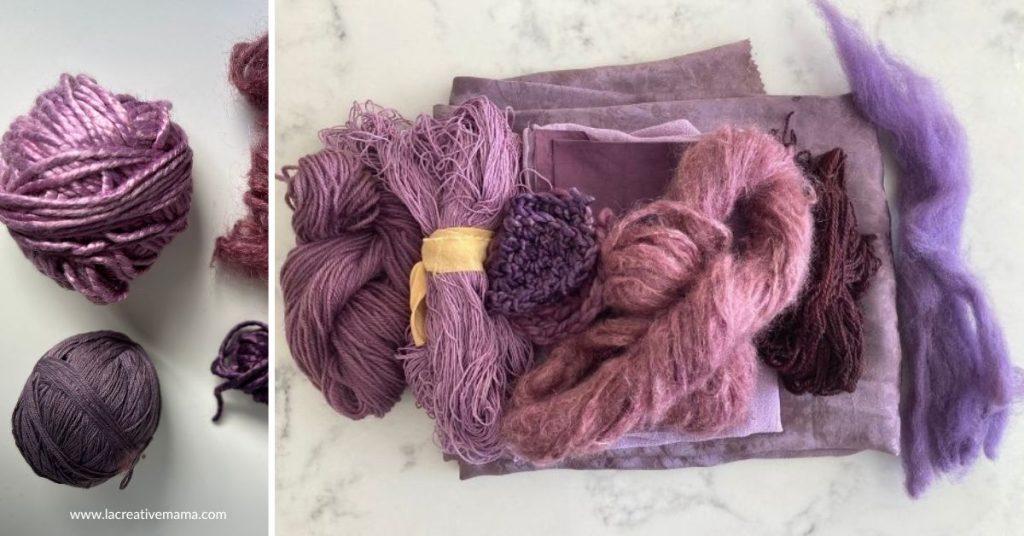 Collection of purple yarns and fabrics in different fibers, neatly arranged together in a bundle. these are all dyed with logwood dye. 