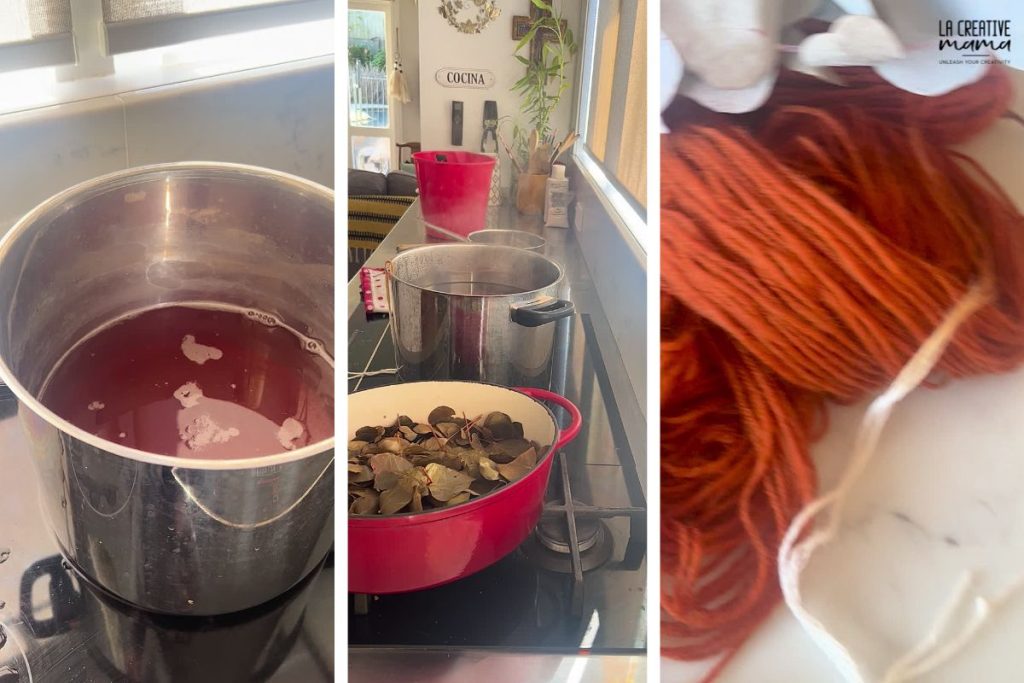 wool yarn being immersed inside a eucalyptus dye bath. the result is an orange color.
