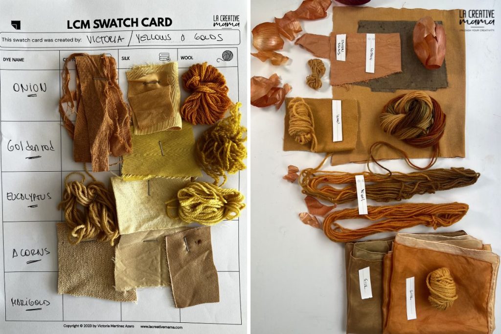 natural dyeing yellow colours from coreopsis goldenrod and onion skins on mordanted wool