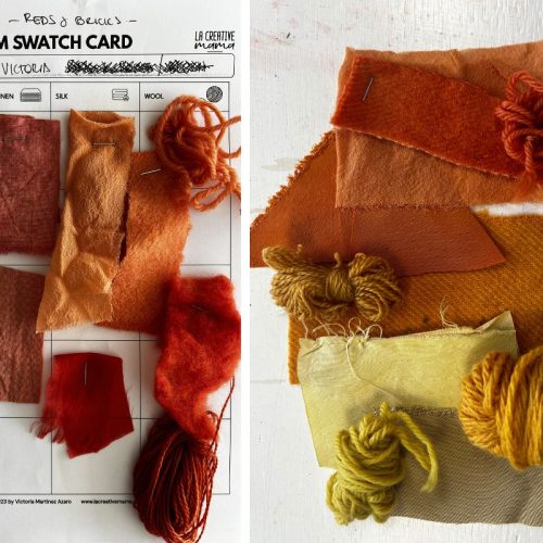 natural dye colour chart — wool and silk dyed with plant dyes showing yellows, pinks, blues and greens