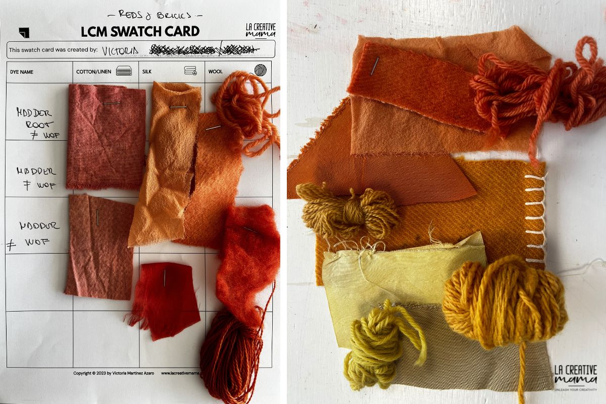 natural dye colour chart — wool and silk dyed with plant dyes showing yellows, pinks, blues and greens
