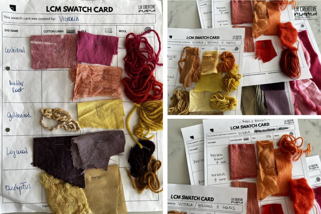 natural dye colour chart — wool and silk dyed with plant dyes showing yellows, pinks, purples, browns, golds, reds.