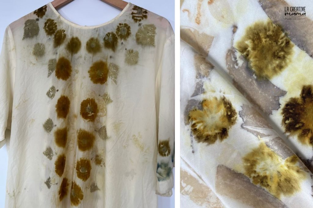 silk fabric eco printed with coreopsis tickseed flowers showing mirror print on both sides of the bundle