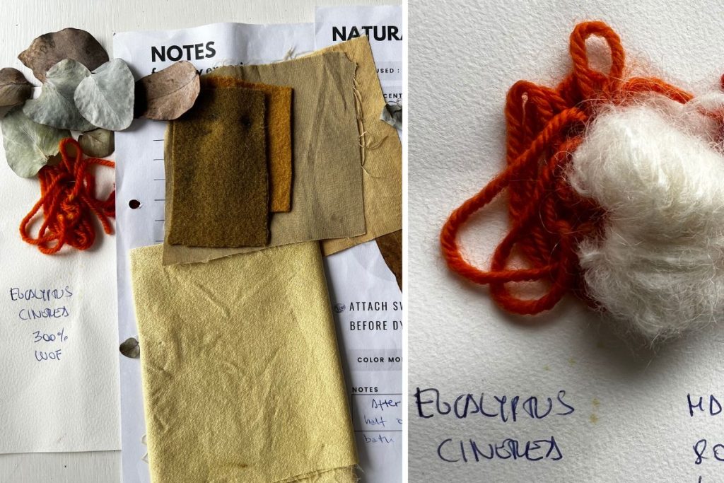 dyed silk and wool using eucalyptus dye and silver dollar dye, yellows and oranges.