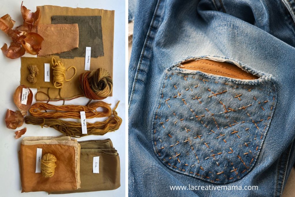 Naturally dyed fabric swatches beside jeans mended with a terracotta patch and visible sashiko stitching