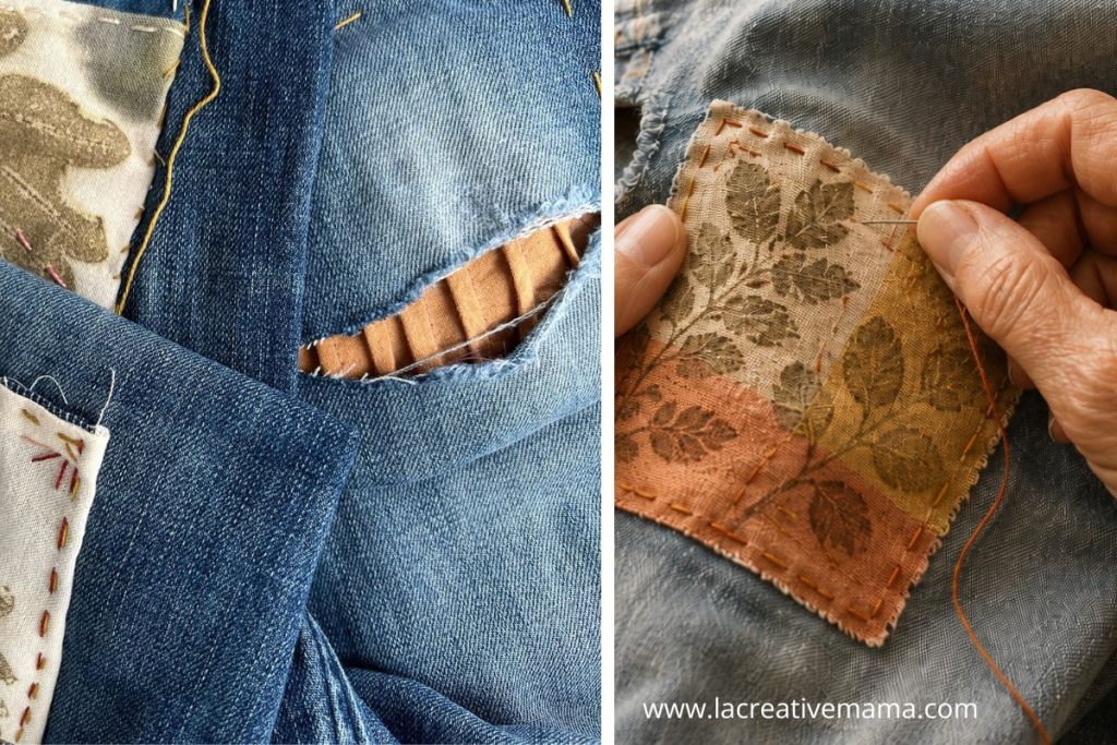 Hands stitching an eco printed leaf patch onto denim, visible mending with naturally dyed fabric